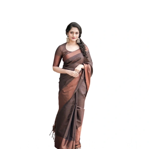 Generic Women's Soft Lichi Silk Printed Saree With Unstitched Blouse 5.5Mtr (Brown) - Brown