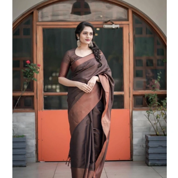 Generic Women's Soft Lichi Silk Printed Saree With Unstitched Blouse 5.5Mtr (Brown) - Brown