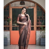 Generic Women's Soft Lichi Silk Printed Saree With Unstitched Blouse 5.5Mtr (Brown) - Brown
