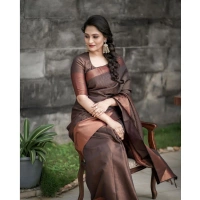 Generic Women's Soft Lichi Silk Printed Saree With Unstitched Blouse 5.5Mtr (Brown) - Brown