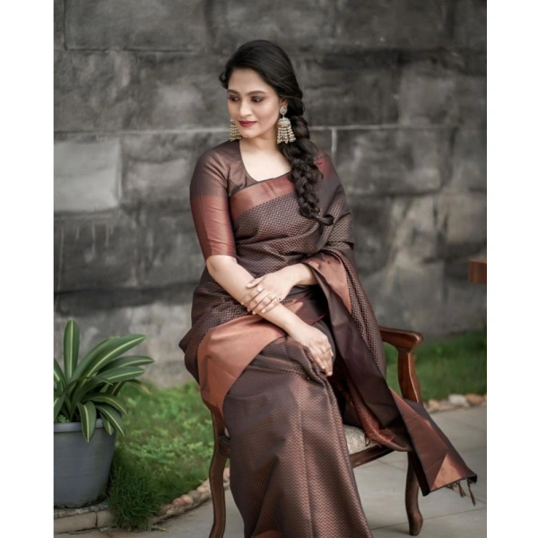 Generic Women's Soft Lichi Silk Printed Saree With Unstitched Blouse 5.5Mtr (Brown) - Brown