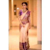 Generic Women's Soft Lichi Silk Printed Saree With Unstitched Blouse 5.5Mtr (Purple) - Purple