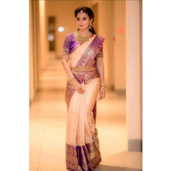 Generic Women's Soft Lichi Silk Printed Saree With Unstitched Blouse 5.5Mtr (Purple) - Purple