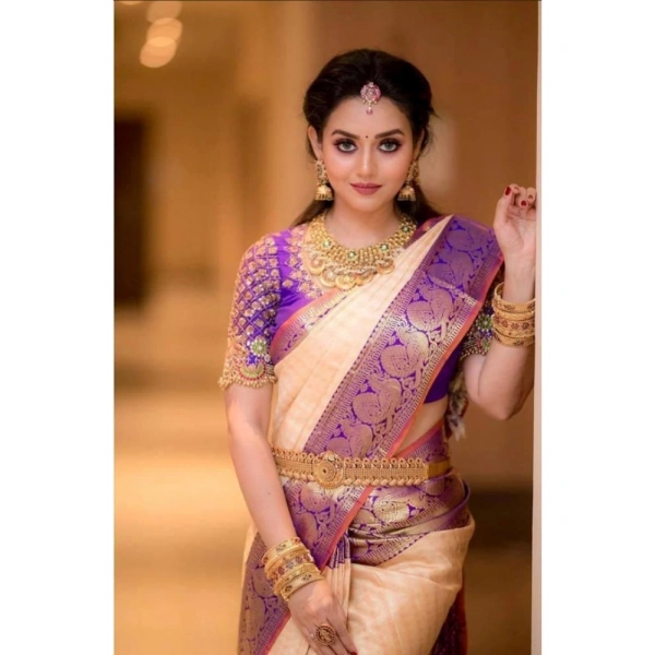 Generic Women's Soft Lichi Silk Printed Saree With Unstitched Blouse 5.5Mtr (Purple) - Purple