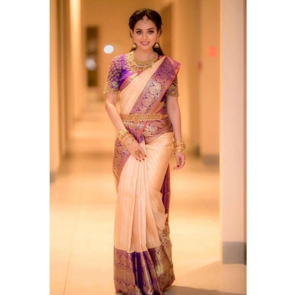 Generic Women's Soft Lichi Silk Printed Saree With Unstitched Blouse 5.5Mtr (Purple) - Purple