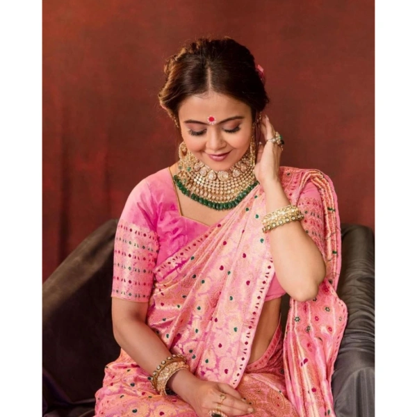 Generic Women's Soft Lichi Silk Printed Saree With Unstitched Blouse 5.5Mtr (Pink) - Pink