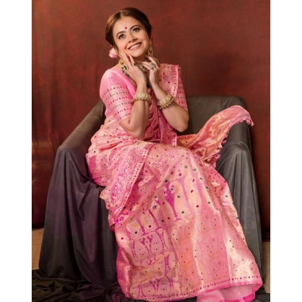 Generic Women's Soft Lichi Silk Printed Saree With Unstitched Blouse 5.5Mtr (Pink) - Pink