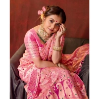 Generic Women's Soft Lichi Silk Printed Saree With Unstitched Blouse 5.5Mtr (Pink) - Pink