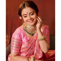 Generic Women's Soft Lichi Silk Printed Saree With Unstitched Blouse 5.5Mtr (Pink) - Pink