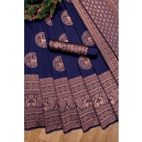Generic Women's Soft Lichi Silk Printed Saree With Unstitched Blouse 5.5Mtr (Navy Blue) - Navy Blue