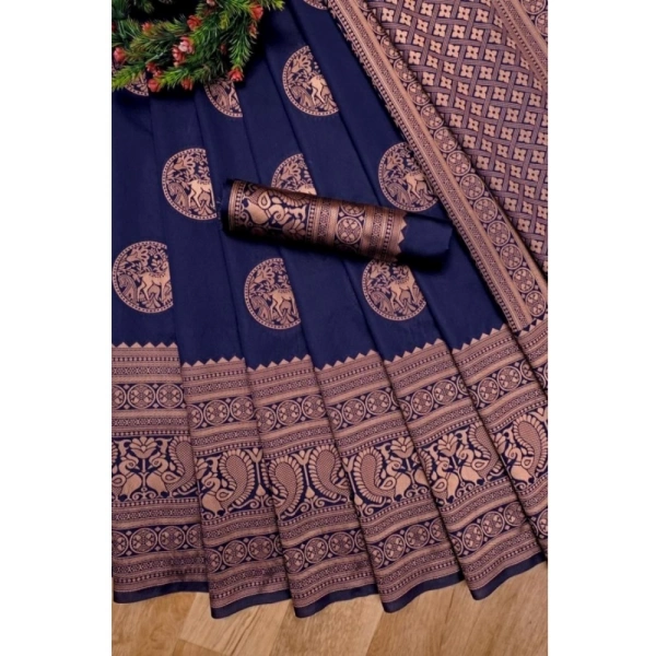 Generic Women's Soft Lichi Silk Printed Saree With Unstitched Blouse 5.5Mtr (Navy Blue) - Navy Blue
