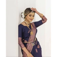 Generic Women's Soft Lichi Silk Printed Saree With Unstitched Blouse 5.5Mtr (Navy Blue) - Navy Blue