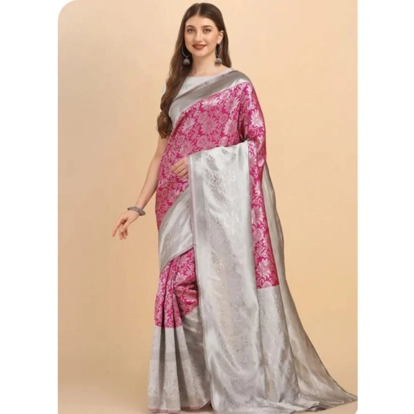 Generic Women's Soft Lichi Silk Printed Saree With Unstitched Blouse 5.5Mtr (Pink) - Pink