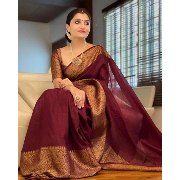 Generic Women's Soft Lichi Silk Solid Saree With Unstitched Blouse 5.5Mtr (Maroon) - Maroon