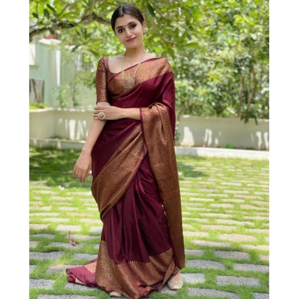 Generic Women's Soft Lichi Silk Solid Saree With Unstitched Blouse 5.5Mtr (Maroon) - Maroon