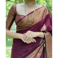 Generic Women's Soft Lichi Silk Solid Saree With Unstitched Blouse 5.5Mtr (Maroon) - Maroon