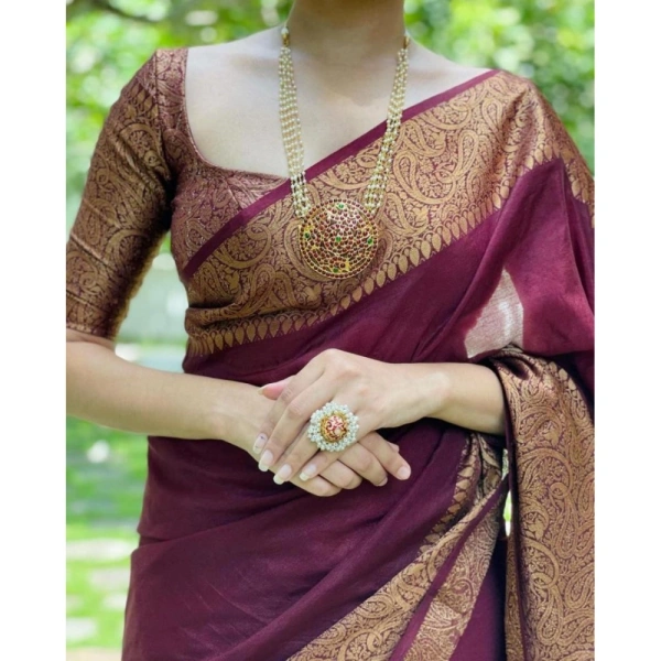 Generic Women's Soft Lichi Silk Solid Saree With Unstitched Blouse 5.5Mtr (Maroon) - Maroon