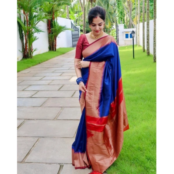 Generic Women's Soft Lichi Silk Solid Saree With Unstitched Blouse 5.5Mtr (Blue) - Blue