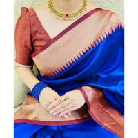 Generic Women's Soft Lichi Silk Solid Saree With Unstitched Blouse 5.5Mtr (Blue) - Blue