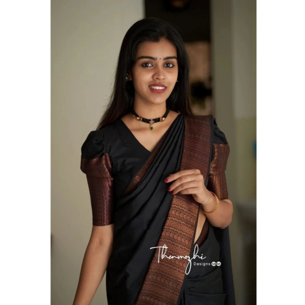 Generic Women's Soft Lichi Silk Solid Saree With Unstitched Blouse 5.5Mtr (Black) - Black