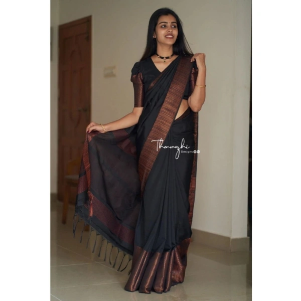 Generic Women's Soft Lichi Silk Solid Saree With Unstitched Blouse 5.5Mtr (Black) - Black