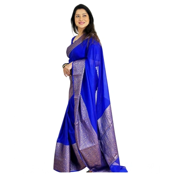 Generic Women's Soft Lichi Silk Solid Saree With Unstitched Blouse 5.5Mtr (Blue) - Blue