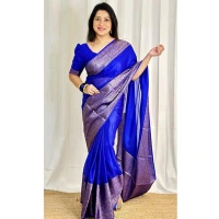 Generic Women's Soft Lichi Silk Solid Saree With Unstitched Blouse 5.5Mtr (Blue) - Blue