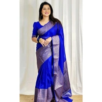 Generic Women's Soft Lichi Silk Solid Saree With Unstitched Blouse 5.5Mtr (Blue) - Blue