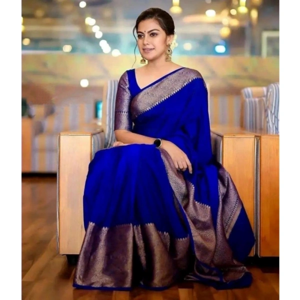 Generic Women's Soft Lichi Silk Solid Saree With Unstitched Blouse 5.5Mtr (Blue) - Blue