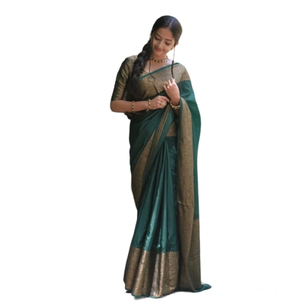 Generic Women's Soft Lichi Silk Solid Saree With Unstitched Blouse 5.5Mtr (Green) - Green