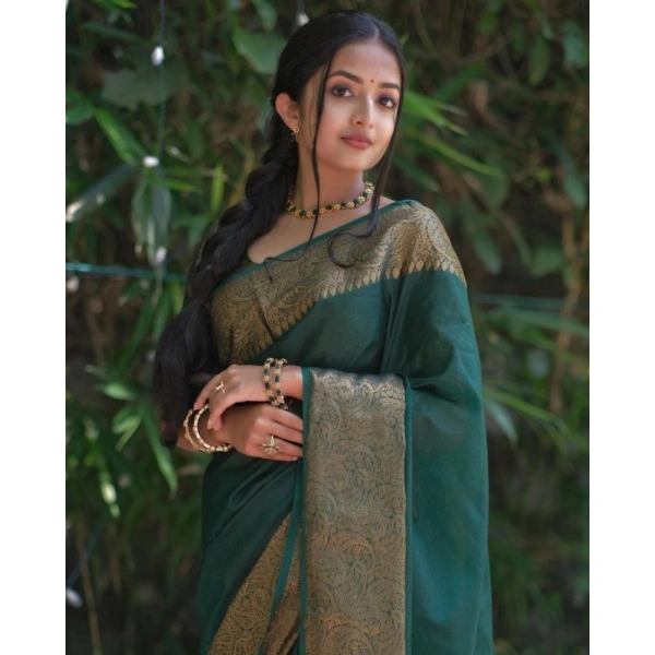 Generic Women's Soft Lichi Silk Solid Saree With Unstitched Blouse 5.5Mtr (Green) - Green
