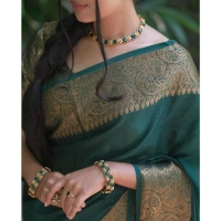 Generic Women's Soft Lichi Silk Solid Saree With Unstitched Blouse 5.5Mtr (Green) - Green