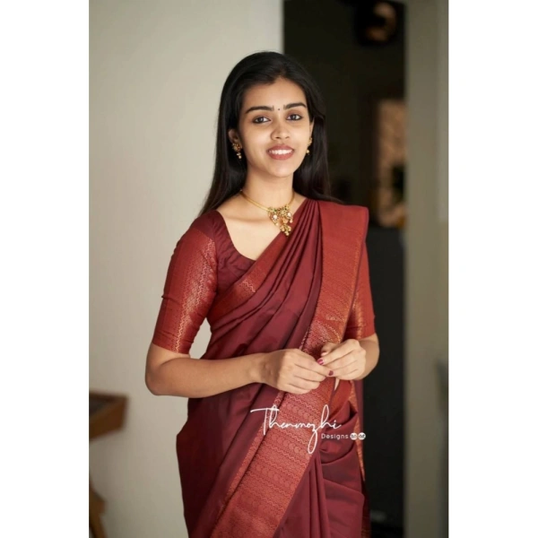 Generic Women's Soft Lichi Silk Solid Saree With Unstitched Blouse 5.5Mtr (Maroon) - Maroon
