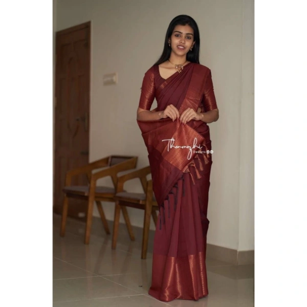 Generic Women's Soft Lichi Silk Solid Saree With Unstitched Blouse 5.5Mtr (Maroon) - Maroon