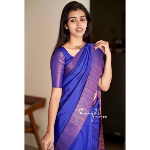 Generic Women's Soft Lichi Silk Solid Saree With Unstitched Blouse 5.5Mtr (Blue) - Blue