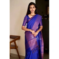 Generic Women's Soft Lichi Silk Solid Saree With Unstitched Blouse 5.5Mtr (Blue) - Blue