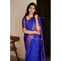 Generic Women's Soft Lichi Silk Solid Saree With Unstitched Blouse 5.5Mtr (Blue) - Blue