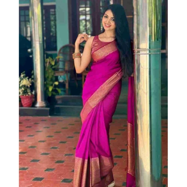 Generic Women's Soft Lichi Silk Solid Saree With Unstitched Blouse 5.5Mtr (Pink) - Pink