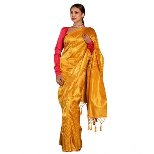 Generic Women's Soft Lichi Silk Woven Saree With Unstitched Blouse 5.5Mtr (Yellow) - Yellow