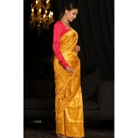 Generic Women's Soft Lichi Silk Woven Saree With Unstitched Blouse 5.5Mtr (Yellow) - Yellow