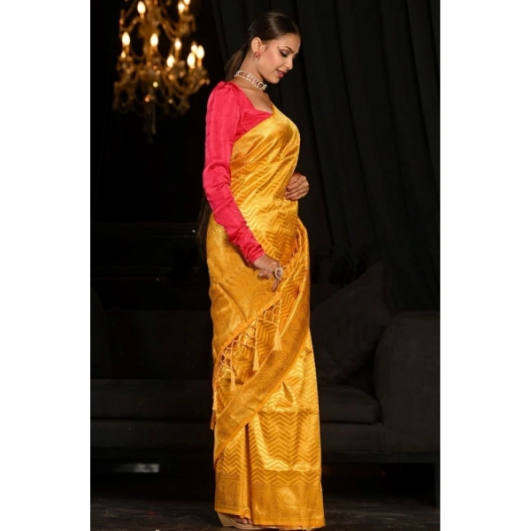 Generic Women's Soft Lichi Silk Woven Saree With Unstitched Blouse 5.5Mtr (Yellow) - Yellow