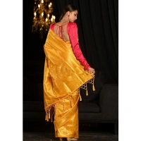 Generic Women's Soft Lichi Silk Woven Saree With Unstitched Blouse 5.5Mtr (Yellow) - Yellow