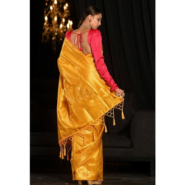 Generic Women's Soft Lichi Silk Woven Saree With Unstitched Blouse 5.5Mtr (Yellow) - Yellow