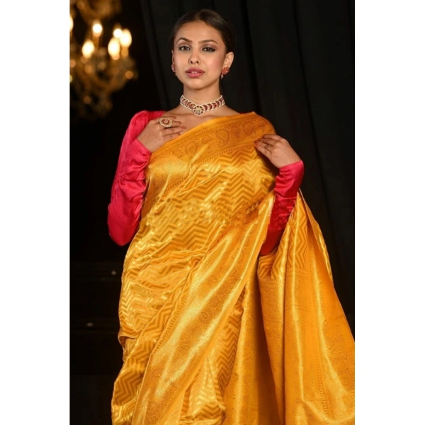 Generic Women's Soft Lichi Silk Woven Saree With Unstitched Blouse 5.5Mtr (Yellow) - Yellow