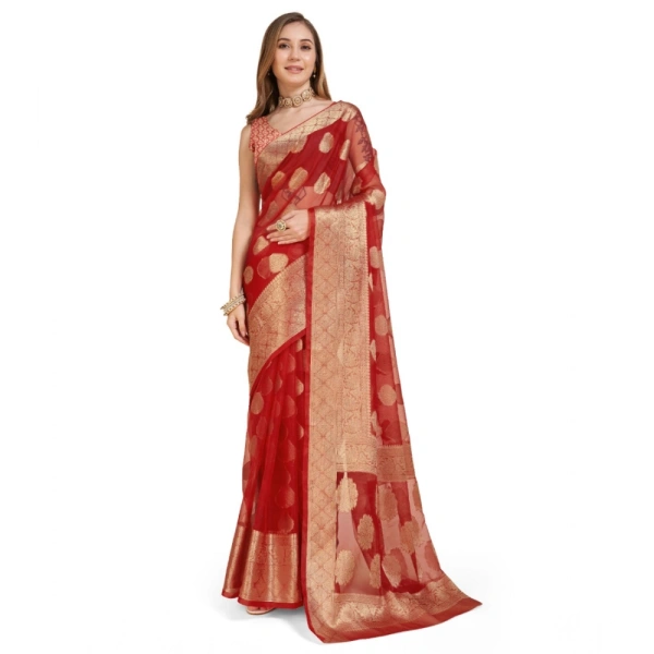 Generic Women's Soft Organza Silk Weaving Design Saree With Unstitched Blouse 5.5Mtr (Red) - Red