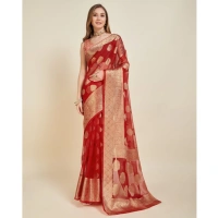 Generic Women's Soft Organza Silk Weaving Design Saree With Unstitched Blouse 5.5Mtr (Red) - Red