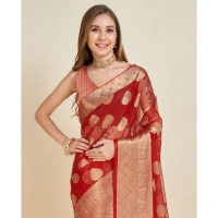 Generic Women's Soft Organza Silk Weaving Design Saree With Unstitched Blouse 5.5Mtr (Red) - Red