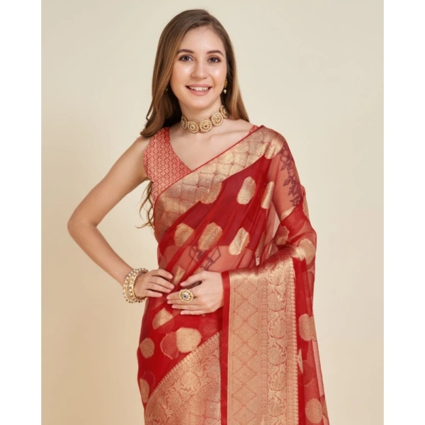 Generic Women's Soft Organza Silk Weaving Design Saree With Unstitched Blouse 5.5Mtr (Red) - Red