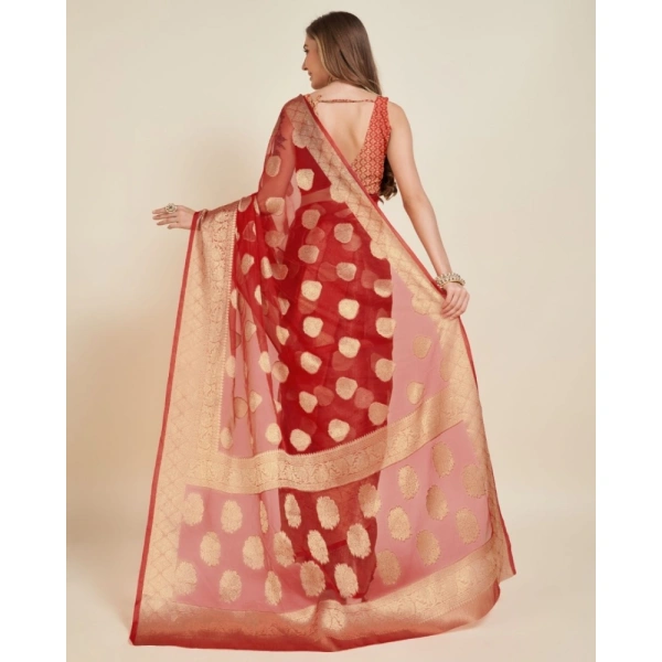 Generic Women's Soft Organza Silk Weaving Design Saree With Unstitched Blouse 5.5Mtr (Red) - Red