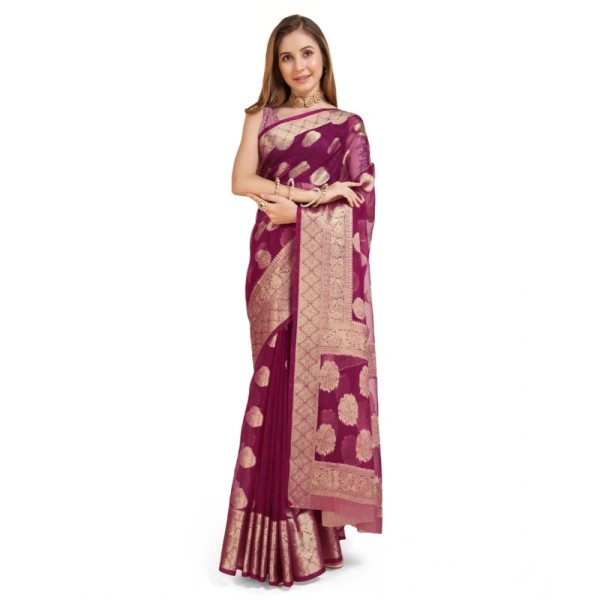 Generic Women's Soft Organza Silk Weaving Design Saree With Unstitched Blouse 5.5Mtr (Wine) - Wine